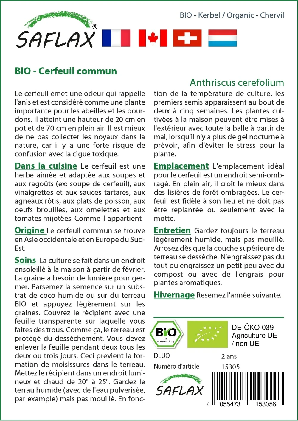 Kit De Culture - Bio - Cerfeuil Commun - 800 Graines - Anthriscus Cerefolium 5 Kit De Culture - Bio - Cerfeuil Commun - 800 Graines - Anthriscus Cerefolium – Image 3